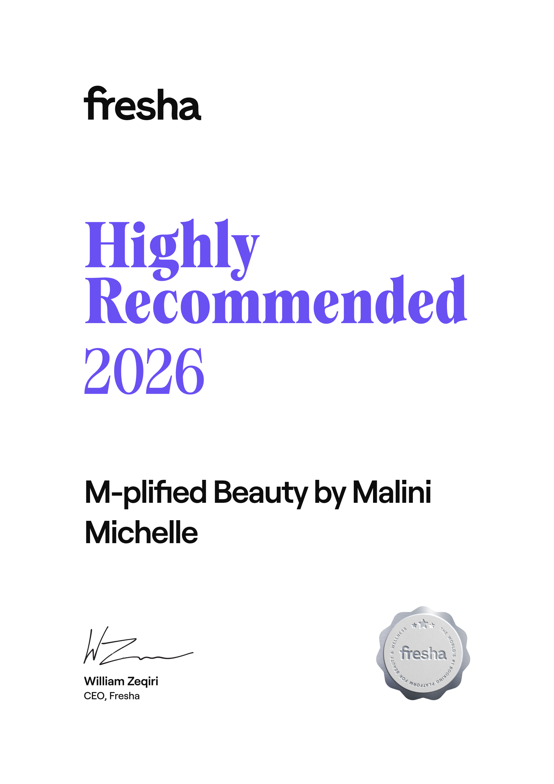 Fresha Highly Recommended 2026 certificate for M-Plified Beauty by Malini Michelle
